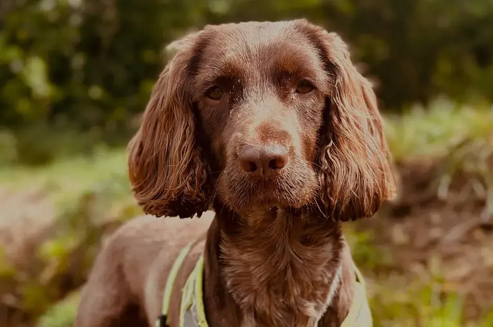 A chocolate cocker spaniel out on a woodland walk